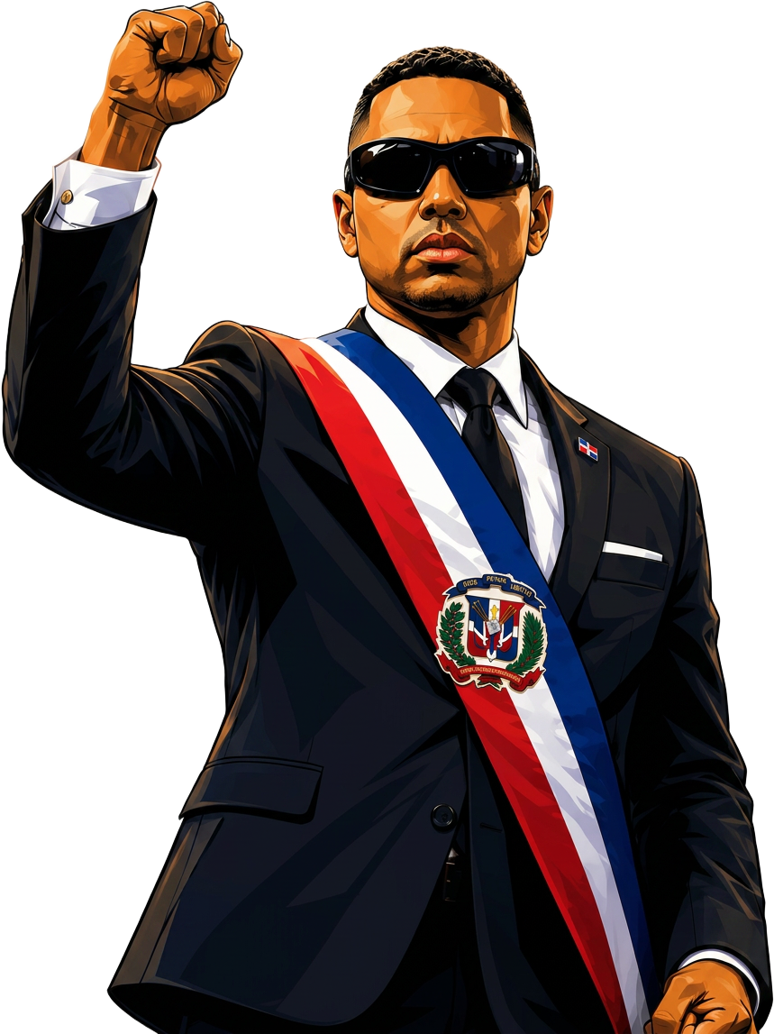 Ilustración de Santiago Matías con la gorra metalizada de Alofoke 2028 y el puño en alto